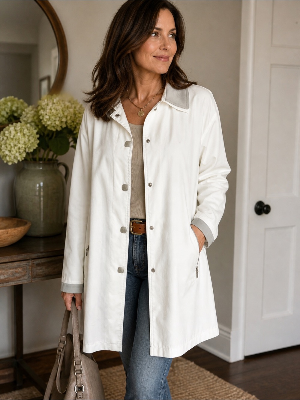 Apropos White‎ Lightweight Jacket Snap Front Minimalist Coat Size fits like XL